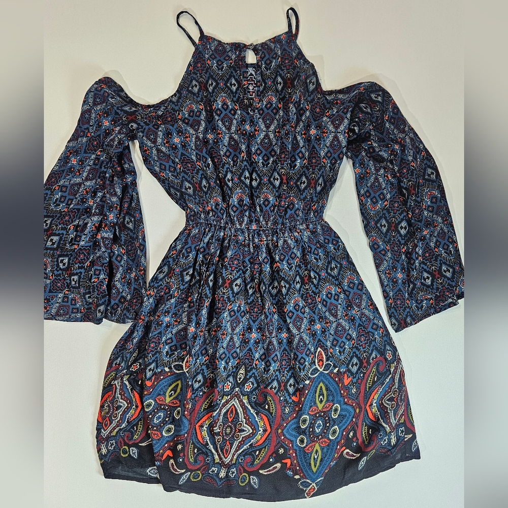 Abercrombie & Fitch Cold Shoulder Dress XS Blue Red Accent Paisley Boho Aztec - Picture 2 of 10